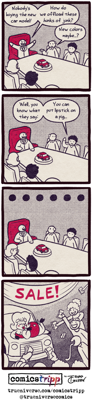 'As a bonus, the car horns ALSO say 'awooga' to save the customers the trouble.' comicstripp